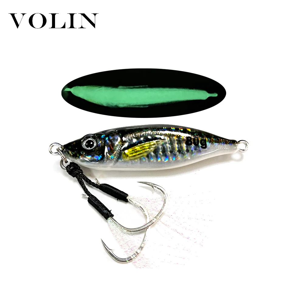 VOLIN-señuelo de pesca de plantilla de Metal, cebo con doble gancho de pesca, impresión 3D, cuchara de fundición a tierra lenta, luminoso, 60g, 80g, nuevo - imagen 5
