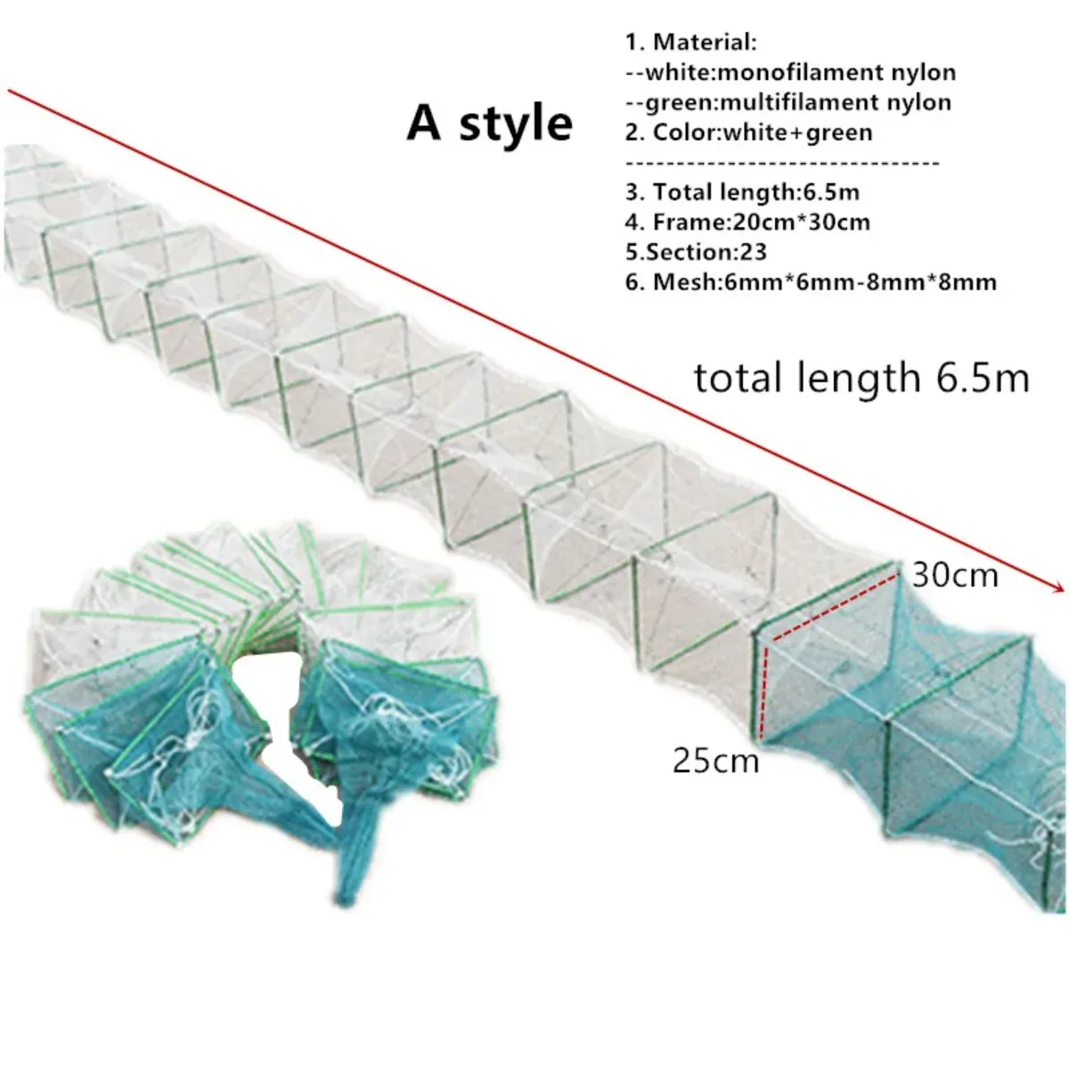 Jaula de pesca grande para camarones, red de pesca para exterior, trampa para peces, Crayfish, accesorios para exteriores, longitud de 6,5 m-9,5 m - imagen 5