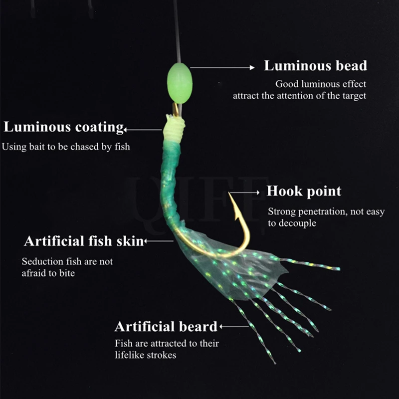 Anzuelos Sabiki de pesca de tres colores ZYZ, anzuelos de cuerda de piel de pescado 12 #   14 #   16 #   18 #   1 Juego de 6 ganchos con gancho de púas con cuentas luminosas - imagen 5