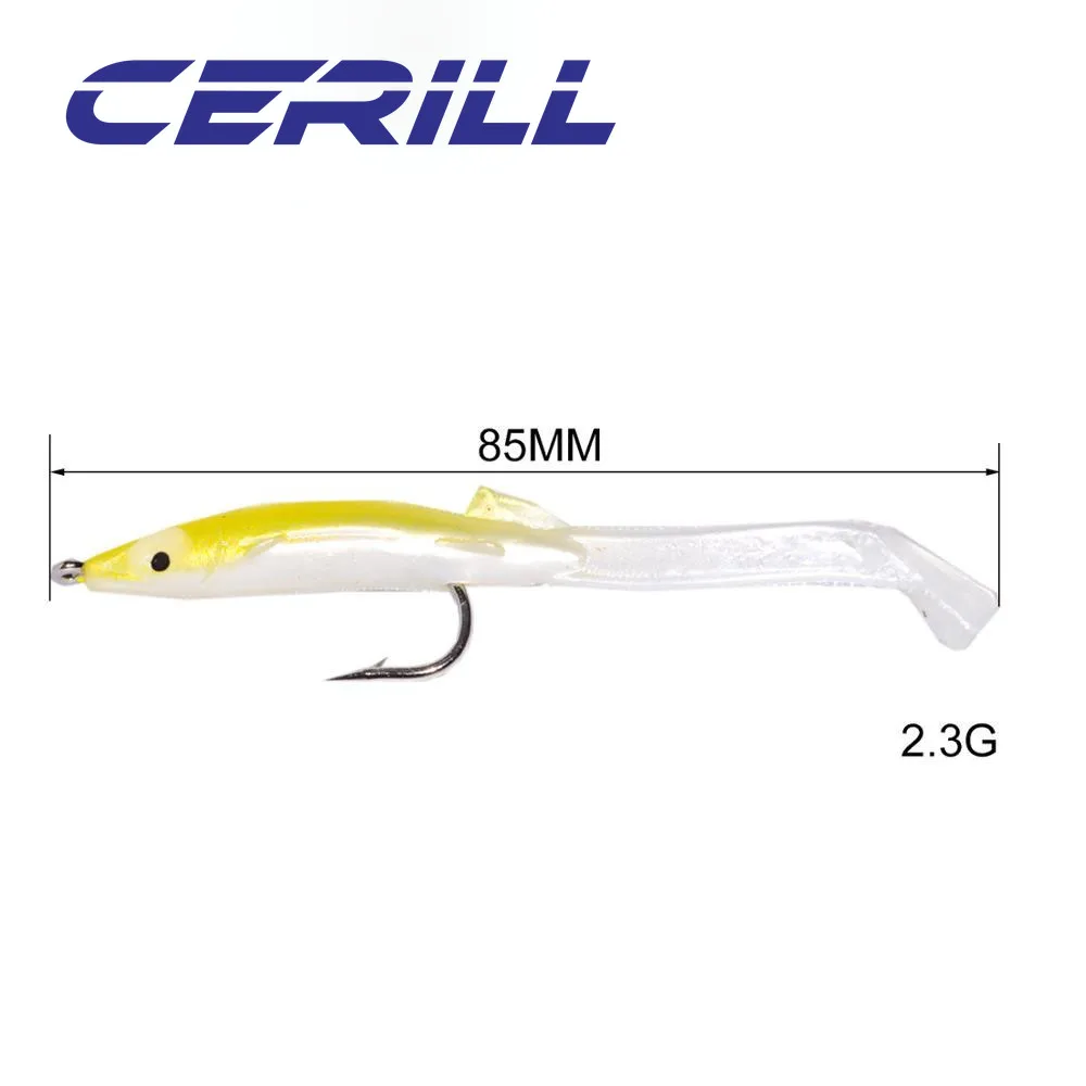 Cerill 5 uds 85mm 2,3g señuelo de pesca suave cebo de Anguila luminoso con gancho afilado silicona Artificial lubina sábalo ojos 3D Swimbait - imagen 2