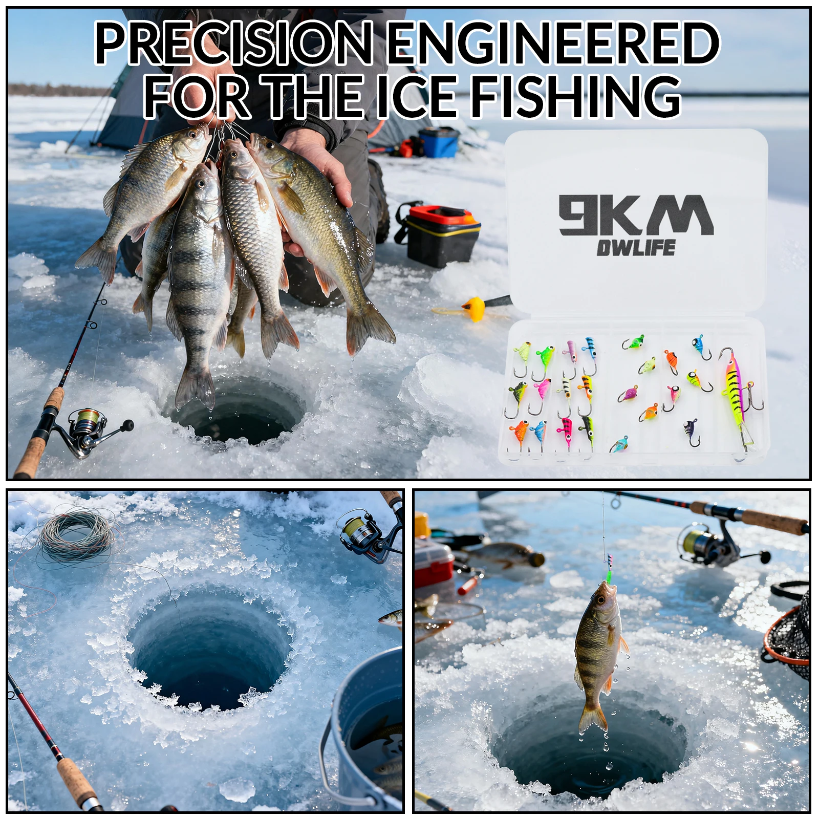 Juego de anzuelos para pesca en hielo, 9KM, 20-28 Uds., Señuelos para pesca en hielo, Micro anzuelo con cabeza para Panfish, tipo de pez, Walleye, perca, trucha, Bluegill - imagen 5
