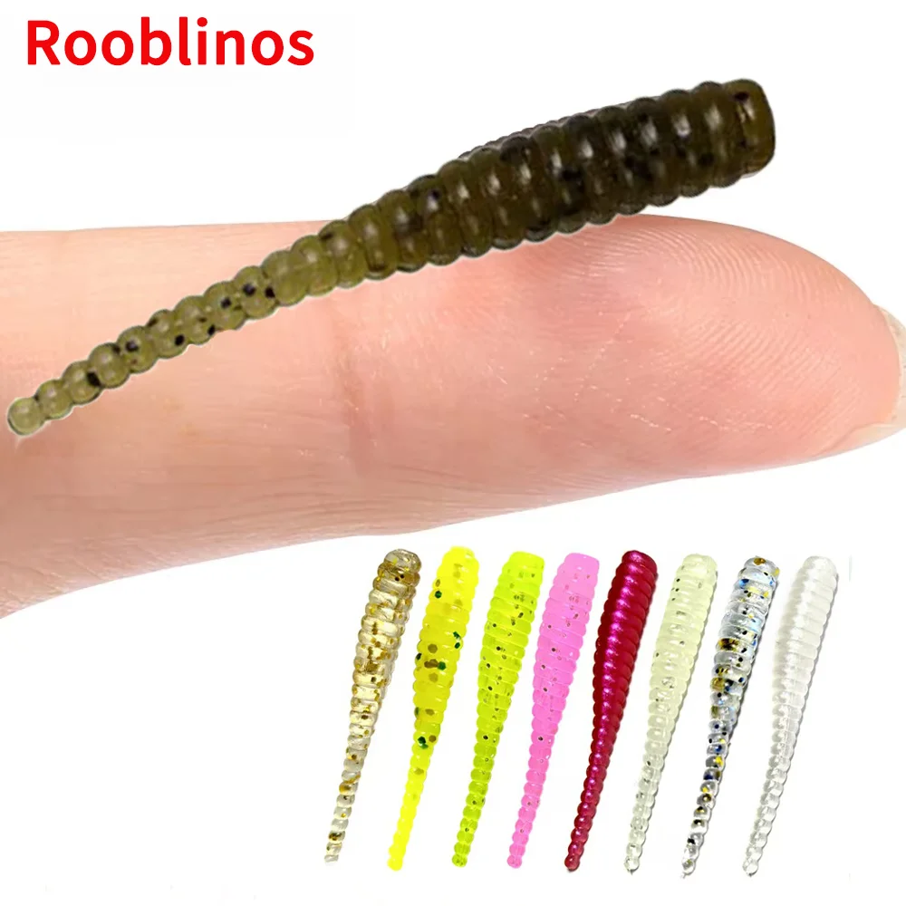 Rooblinos 20 piezas gusano de cola de una sola aguja Micro 35mm señuelo de pesca Ajing pequeño pez roca silicona Isca cebo Artificial plantilla luminosa