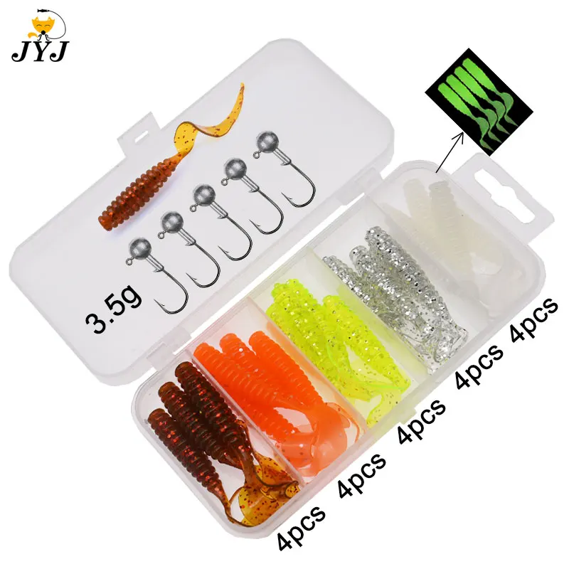 JYJ-señuelo de gusano para pesca, caja de 6cm, 20 unidades, cebo de gusano suave con 5 unidades, anzuelo de plantilla de 3,5g, para perca, señuelo de Lucio - imagen 5