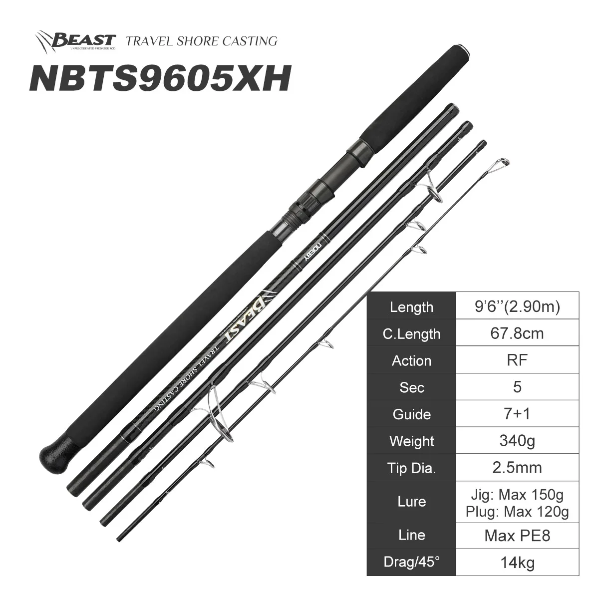 Noeby 5 secciones Beast Travel Shore Jigging caña de pescar 2,9 m 14kg señuelo de arrastre 150g Fuji Set cañas giratorias de embarque caña de pescar - imagen 2