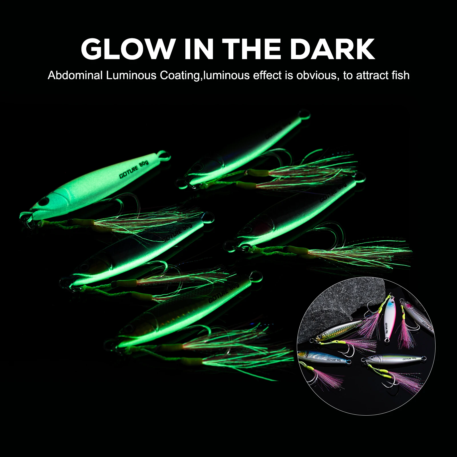 Goture Metal Jigging Lures 5pcs,60g/80g/100g/150g, 3D Lifelike Eyes Ultra-Sharp Hooks, Durable Glow in Dark Bionic Hard  Bait - imagen 5