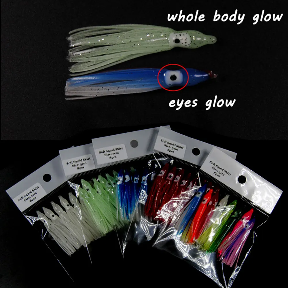 Falda de calamar suave para pesca en el mar, señuelos blandos, faldas de cebo de pulpo, accesorios de aparejos de pesca de agua salada, 5cm, 3 bolsas = 24 piezas - imagen 5