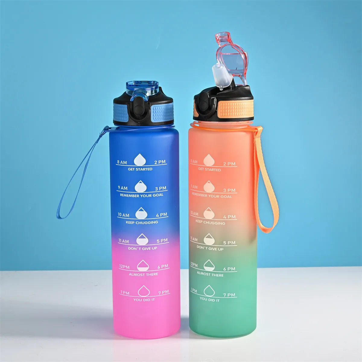 Taza de plástico para deportes al aire libre, gran capacidad, Color degradado, 1000mL, cubierta de rebote, boquilla de succión, taza espacial, botellas de agua