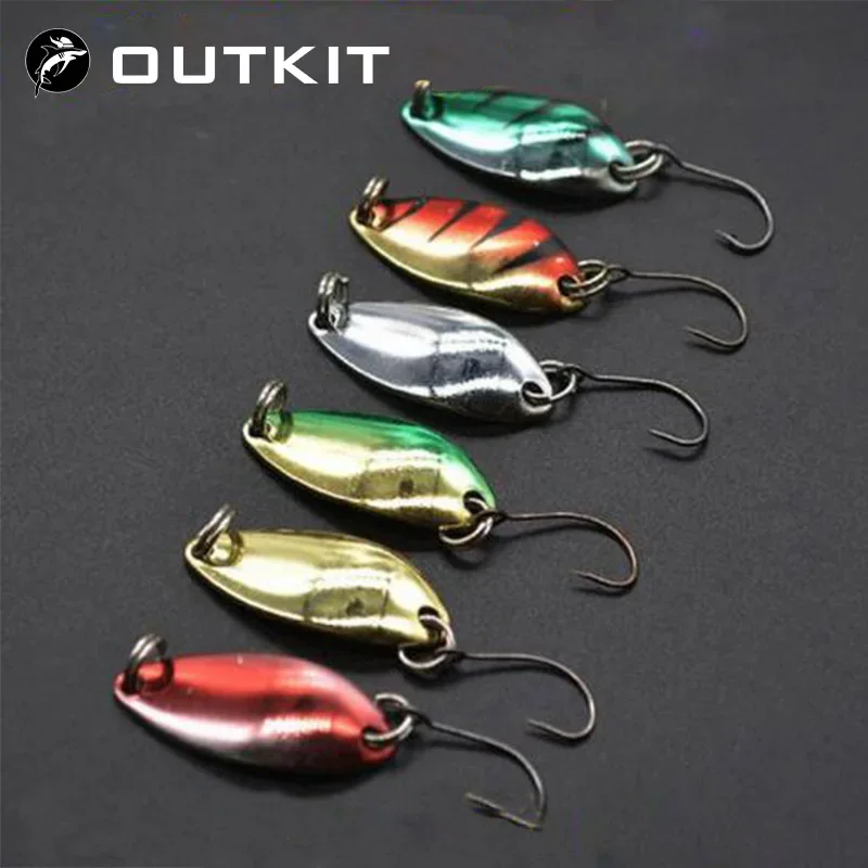 OUTKIT 6 unids/lote 3g 3, cm aparejos de pesca cebo de pesca cuchara de Metal señuelo cebo para trucha cucharas de lubina pequeña cuchara giratoria de lentejuelas duras