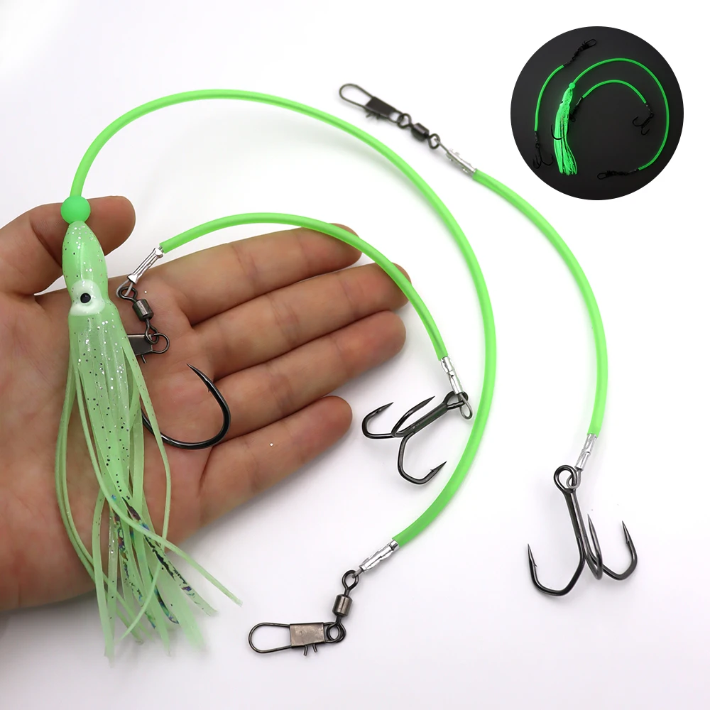 ZYZ, 1 unidad de aparejos Stinger, aparejos de cebo vivo para agua salada con línea de acero, anzuelos triples Doulbe, cebos luminosos de pulpo, Ideal para lubina de bacalao - imagen 5