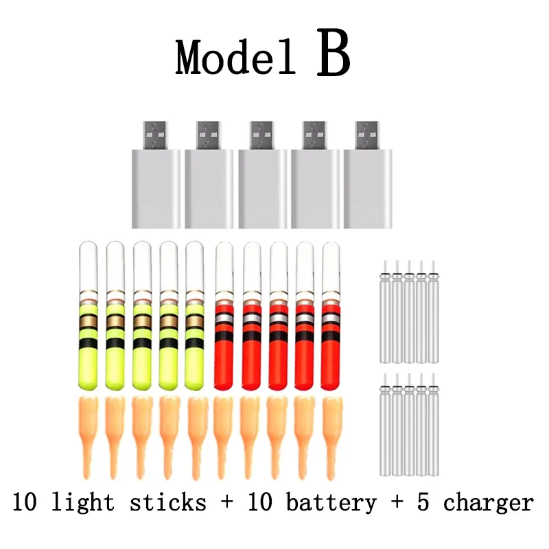 10 unids/lote palo de luz con 10 baterías recargables CR322 palo LED cargador USB aparejos de pesca nocturna accesorio flotante D009 - imagen 5