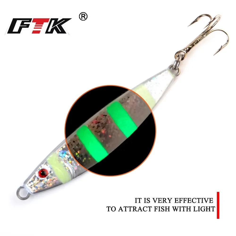 FTK-señuelo de pesca de mar, Micro plantilla luminosa de Metal, 15g-80g, 6,5 cm-11cm, ojo 3D, Jigging lento, con anzuelo triple, cebo Artificial duro - imagen 4