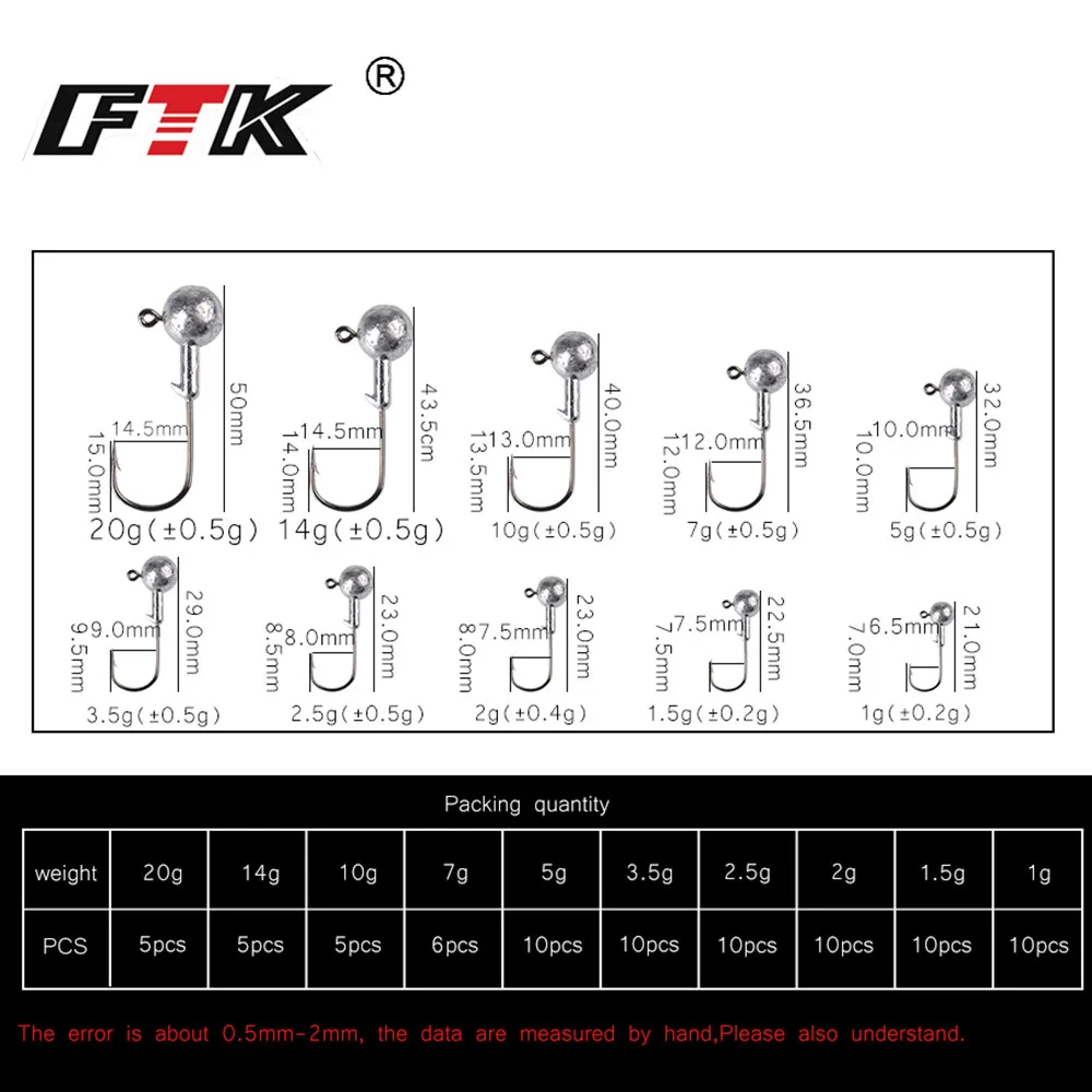 FTK-anzuelo con cabeza de anzuelo, 1g-20g, bola redonda de todos los tamaños, anzuelo con cabeza de anzuelo, anzuelos secundarios de vástago largo sin malezas para pesca de gusanos blandos - imagen 2