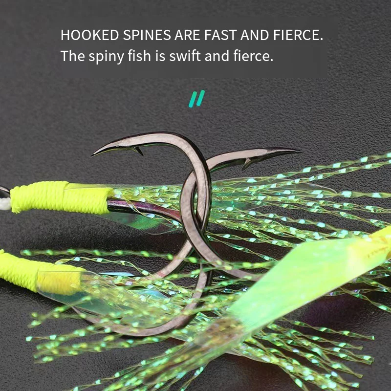 Falda reflectante de piel de pescado, anzuelo de asistencia doble Siingle, plantilla de Metal verde, gancho de acero rico en carbono con asistencia para pesca marina, 10 Uds. - imagen 2