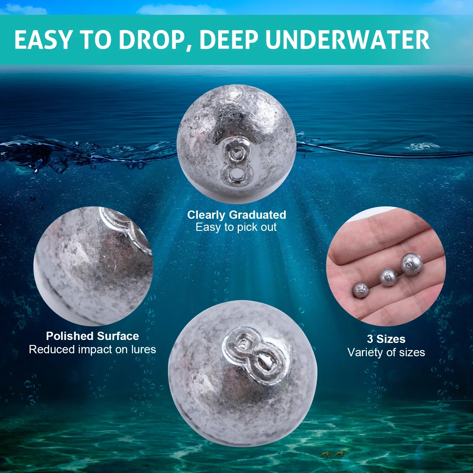 Goture, 30/50 Uds., peso de pesca, cabeza de anzuelo, peso de bala de agua profunda con plomos de bola redonda giratoria, accesorios de pesca - imagen 5