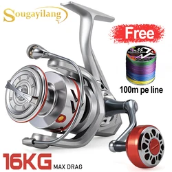 Carrete de pesca giratorio Sougayilang 1500-5000, carrete de aleación de aluminio, arrastre máximo 16kg, 3 + 1 carrete BB gratis, 100mLine, pesca de lubina de agua dulce