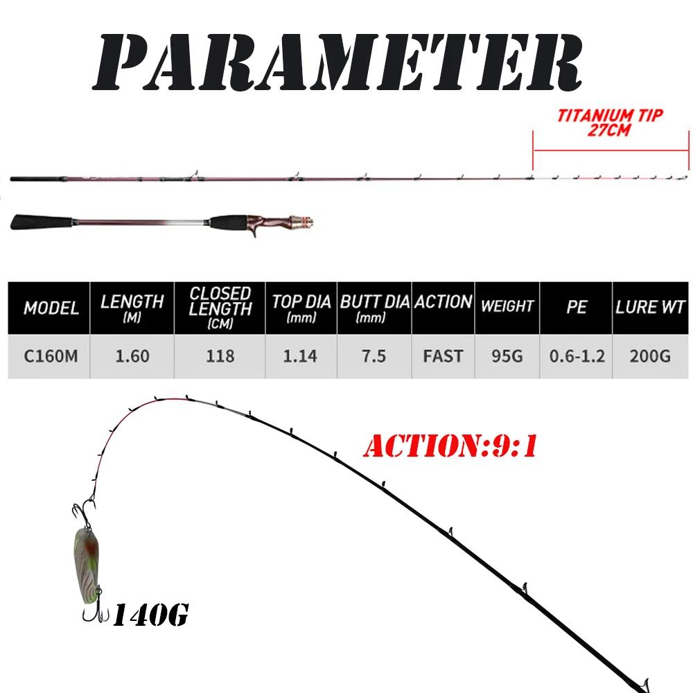 Cuttlefish-caña de pescar superligera, 160cm, punta de tianio de fundición 9:1 acción PE 0,6-1,2, bote de calamar, pulpo tejido - imagen 2