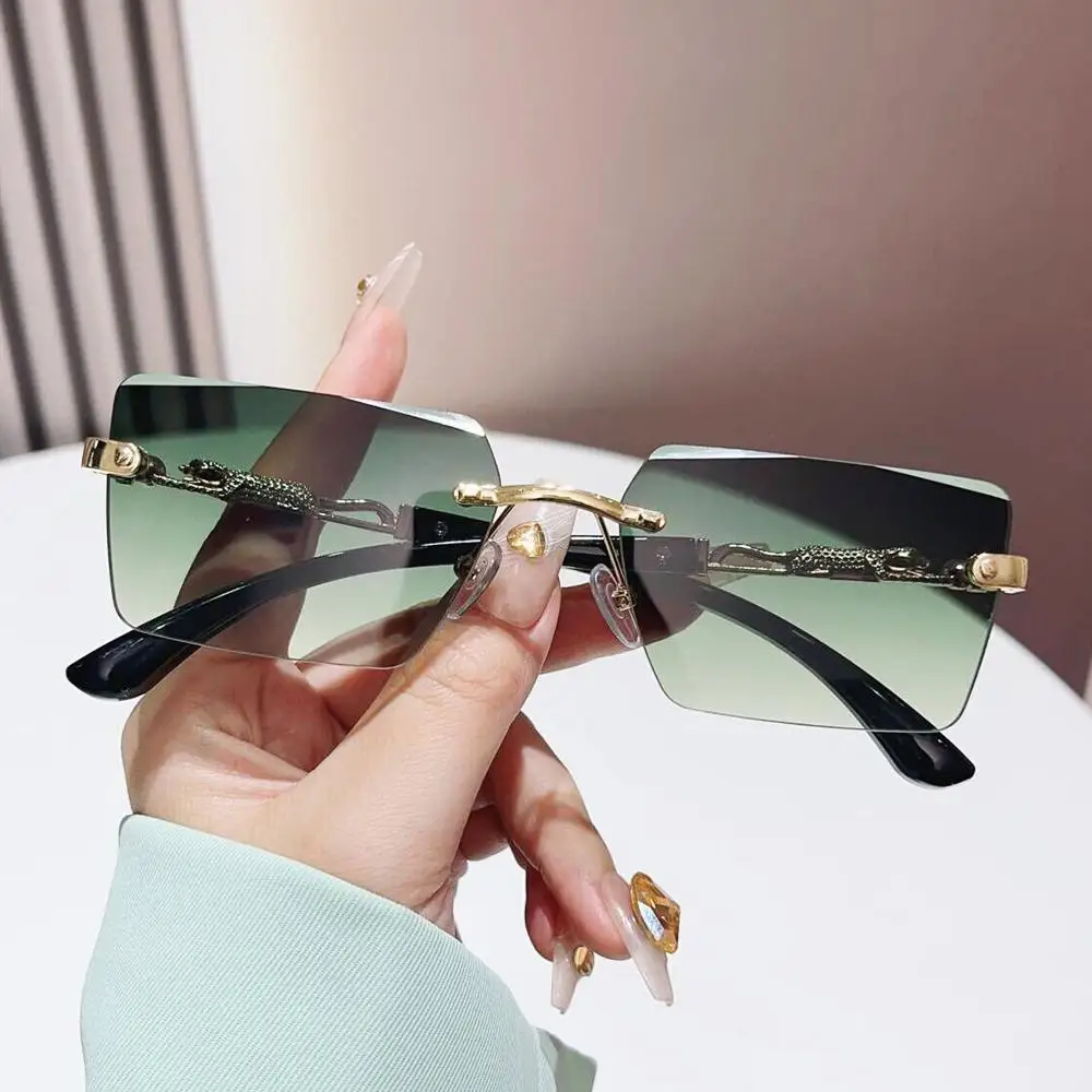 Gafas de sol cuadradas sin montura para hombre y mujer, lentes con borde cortado, UV400, sombras decorativas de leopardo, lentes degradadas - imagen 3