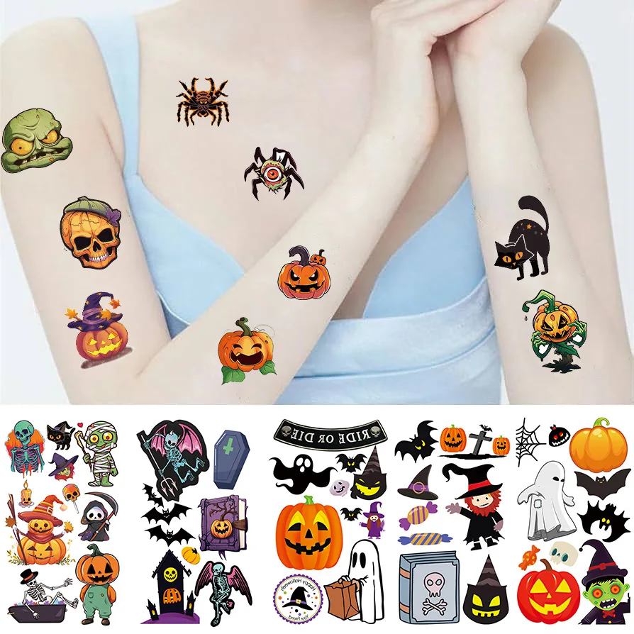 Pegatinas de tatuaje de Halloween para niños, tatuaje falso temporal, brazo, manos, cuerpo, juguete de regalo, 10 hojas