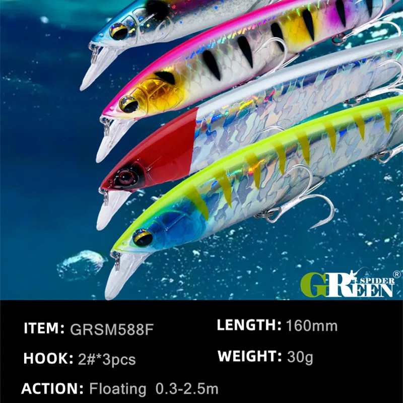 GREENSPIDER-Cebo Jerkbait de cara plana, Wobblers flotantes de 2023mm y 30g para pesca en mar, profundidad de 160-0,3 m, buen cebo, novedad de 2,5 - imagen 3