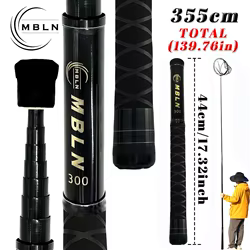 MBLN Red de aterrizaje de fibra de carbono, 355 cm de longitud total, 44 cm doblado, poste telescópico de 310 cm, duradero para pesca en roca, compacto y fuerte