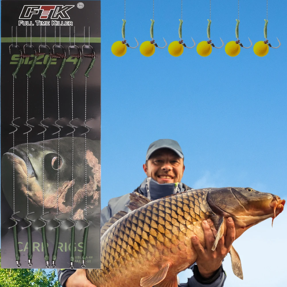 FTK 6 unids/set accesorios de pesca de carpa aparejo de pelo juego de anzuelos de pesca listo hecho aparejo atado con sedal anzuelo Boilie - imagen 4