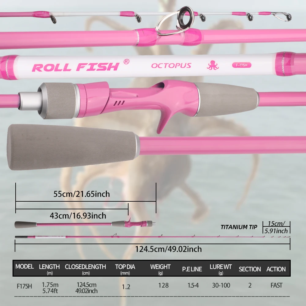 ROLLFISH 1,75 M punta de titanio fibra de carbono pulpo calamar cuttle caña de pescar acción rápida barco de agua salada caña de Jigging de luz lenta - imagen 4