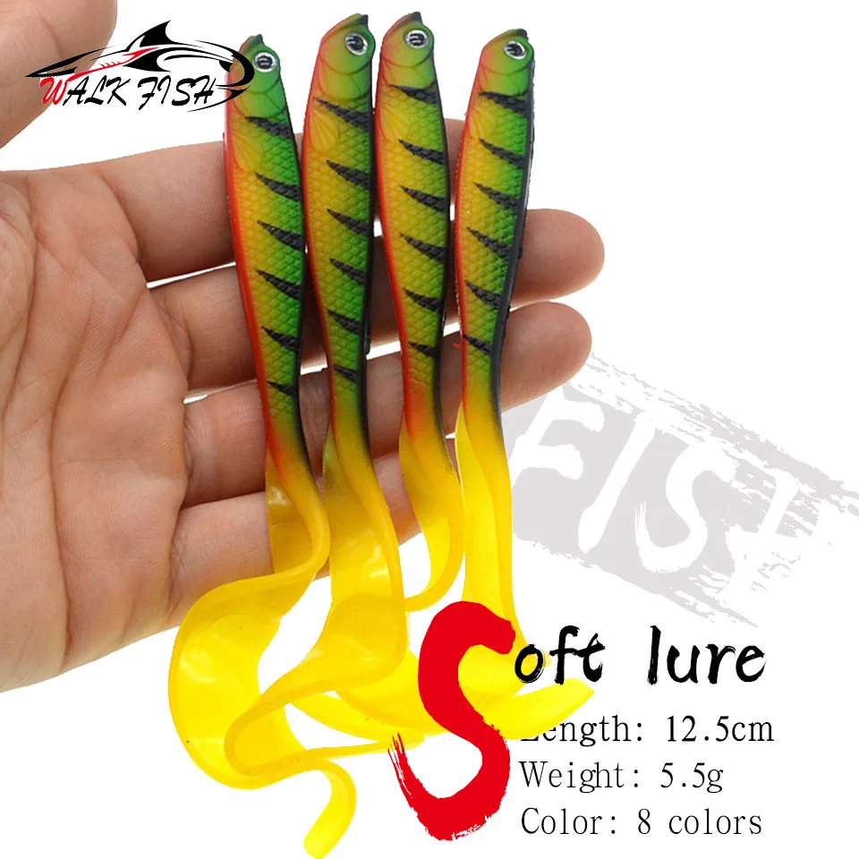 WALK FISH-señuelo de pesca Jigging Wobblers, 12,5 cm, 5,5g, cola en T, cebo suave, señuelos artificiales de silicona, Lucio, 4 Uds.