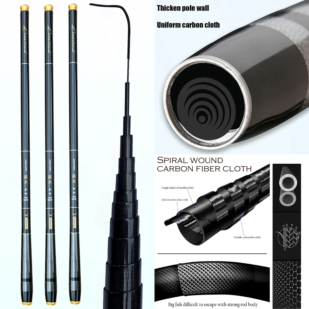 Cañas de pescar telescópicas de 3,6 M, 4,5 M, 5,4 M, 6,3 M, 7,2 M, caña de mano superdura de fibra de carbono, pesca profesional de corriente de carpa de agua dulce - imagen 2