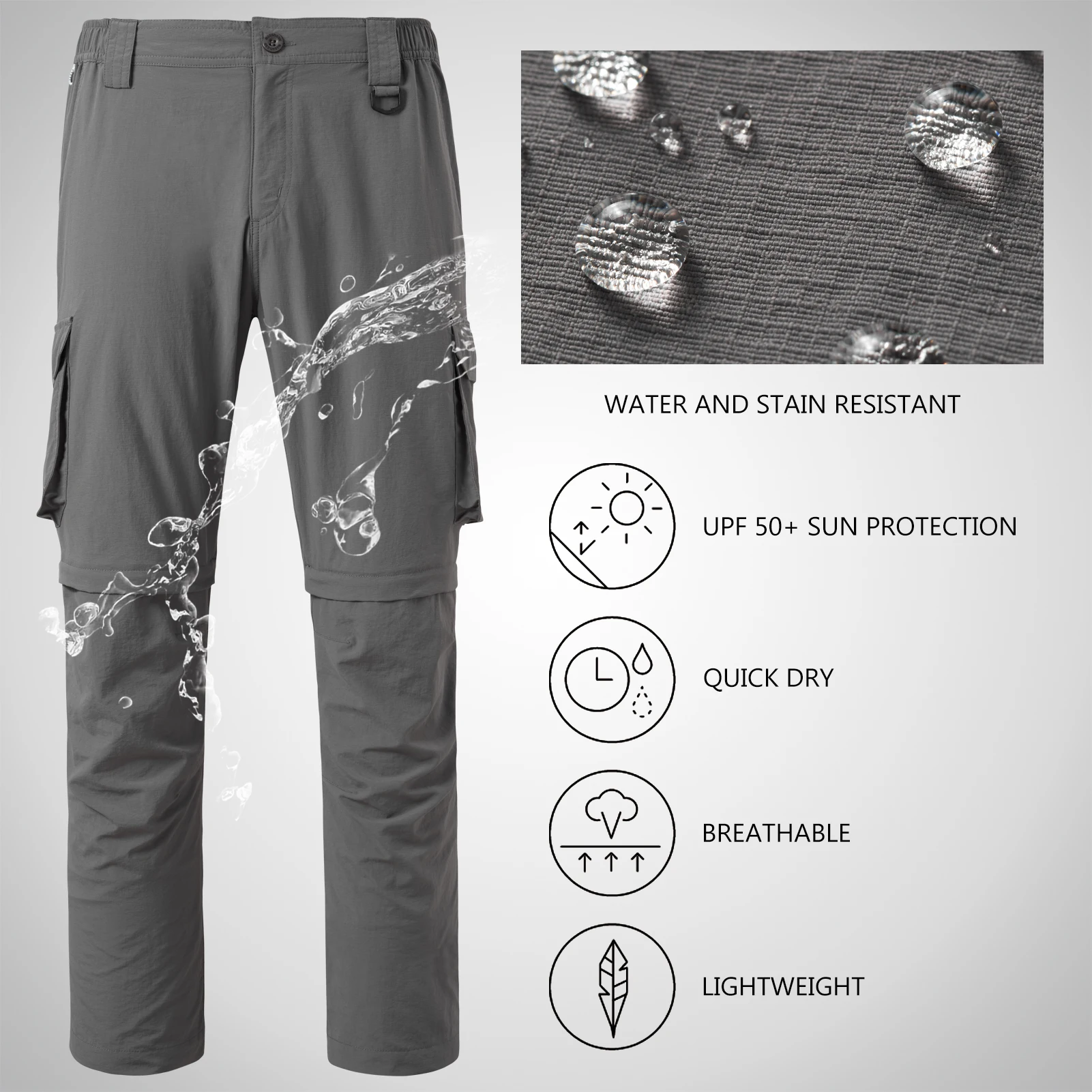 Bassdash-Pantalones convertibles de secado rápido para hombre, Shorts ligeros resistentes al agua con cremallera, para pesca, senderismo y carga, UPF50 + - imagen 3