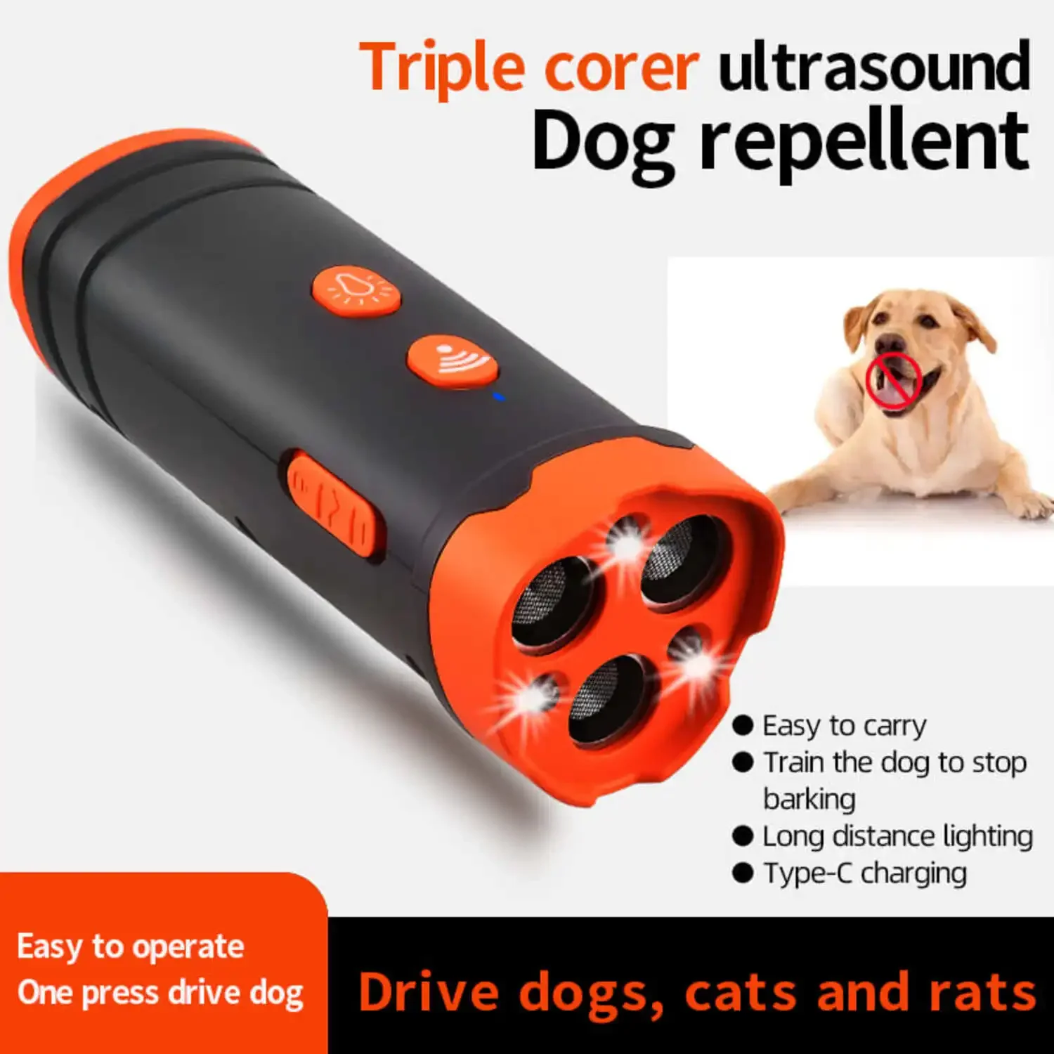 Repelente ultrasónico para perros con luz LED, entrenador ultrasónico portátil de alta potencia de tres núcleos, repelente de perros grandes y viciosos - imagen 5