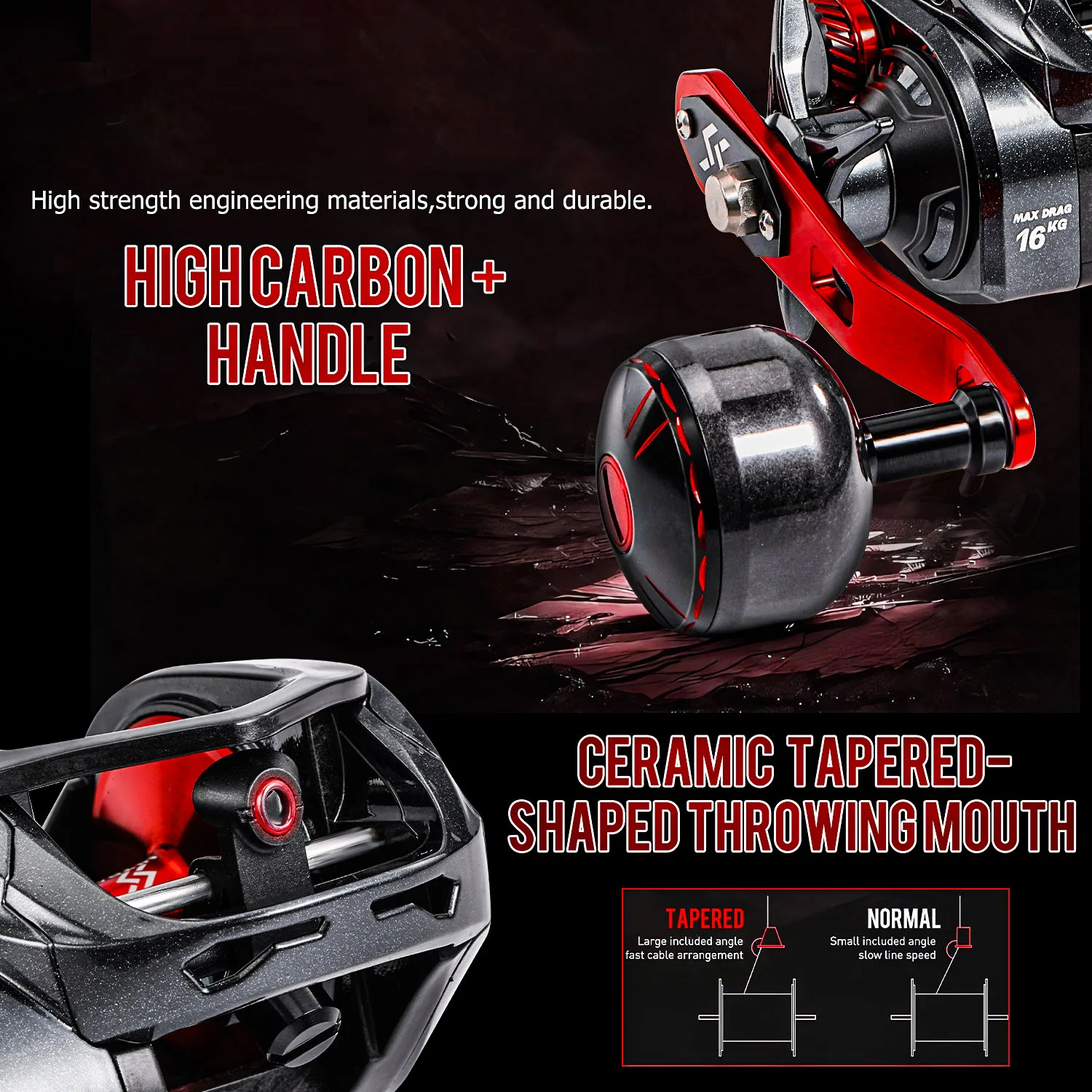 Carrete de Pesca Baitcasting Sougayilang CDS400, Arrastre Máximo 16 kg, Freno Magnético, Relación de Engranajes 6.5:1, Cuerpo de Fibra de Carbono, Mango Único - imagen 4