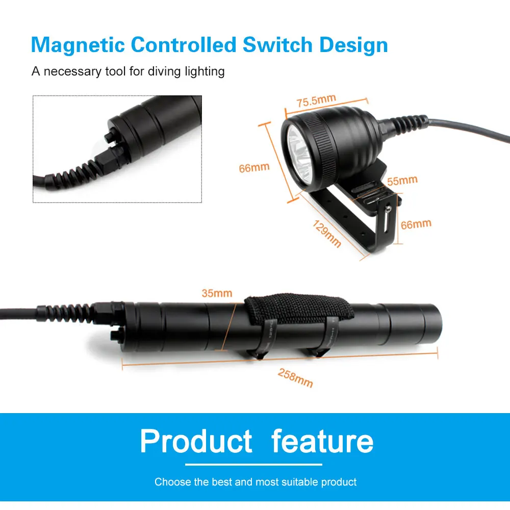 Linterna de luz LED para buceo, dispositivo de luz IPX8 para buceo, impermeable, XM-L2 U4, DIV10 V, DIV10W, 26650 - imagen 5