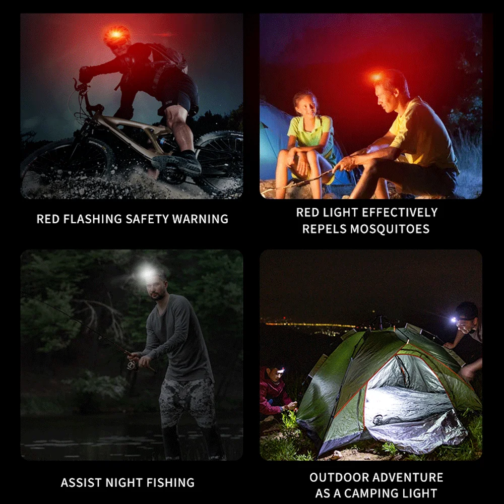 Linterna de cabeza LED roja Potente portátil, faro recargable por USB, batería integrada, resistente al agua, blanca, Flash - imagen 3