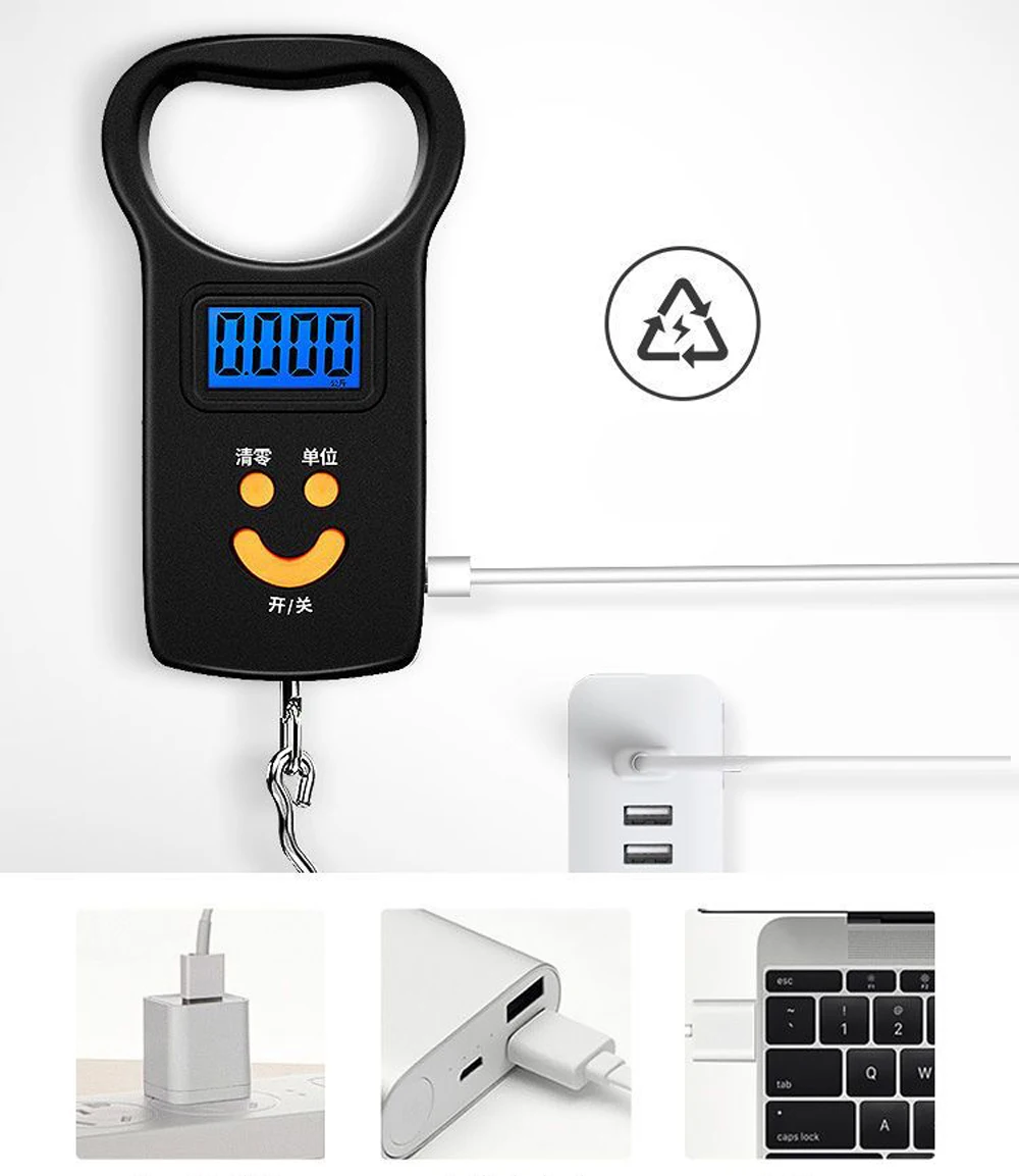 Báscula de pesca de mar con carga USB, balanza Digital de 50kg y 10g, balanza electrónica, Maleta, bolsa de equipaje, báscula colgante portátil para viaje - imagen 4
