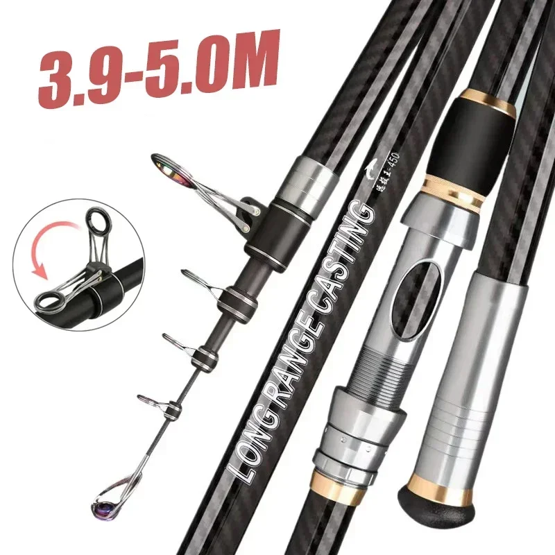 Caña de pescar telescópica de carbono, caña de pescar giratoria portátil para barco, agua salada, agua dulce, Surfcasting, 3,9 M-4,5 M - imagen 2