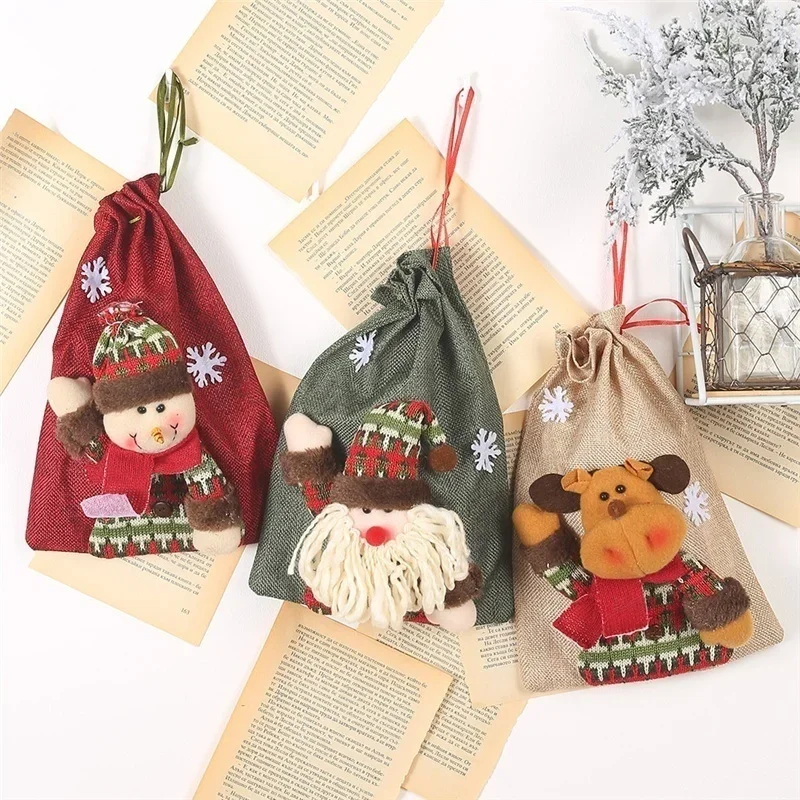 Decoraciones navideñas de Año Nuevo para el hogar, bolsa de regalo con cordón de lino, bolsas grandes de dulces de Navidad, bolsa de manzana de dibujos animados para vacaciones - imagen 3