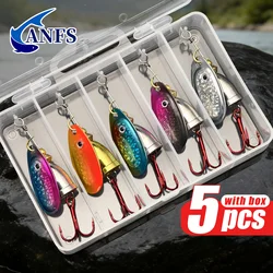 ANFS 5 señuelos de pesca de cobre, cebo con cuchara giratoria, colores surtidos con caja de señuelos, regalo de pesca Ideal para pescadores
