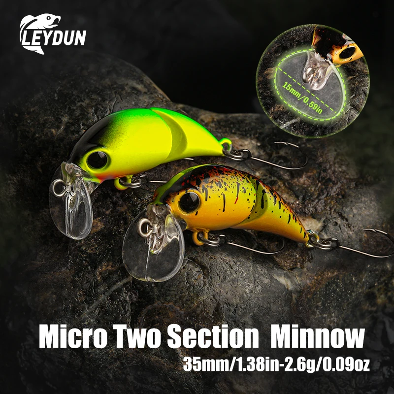 LEYDUN-señuelo de pesca de 35mm y 2,6g, dos secciones, ancho, Micro pececillo flotante, buceo poco profundo, Crankbait, pesca Artificial, Swimbaits