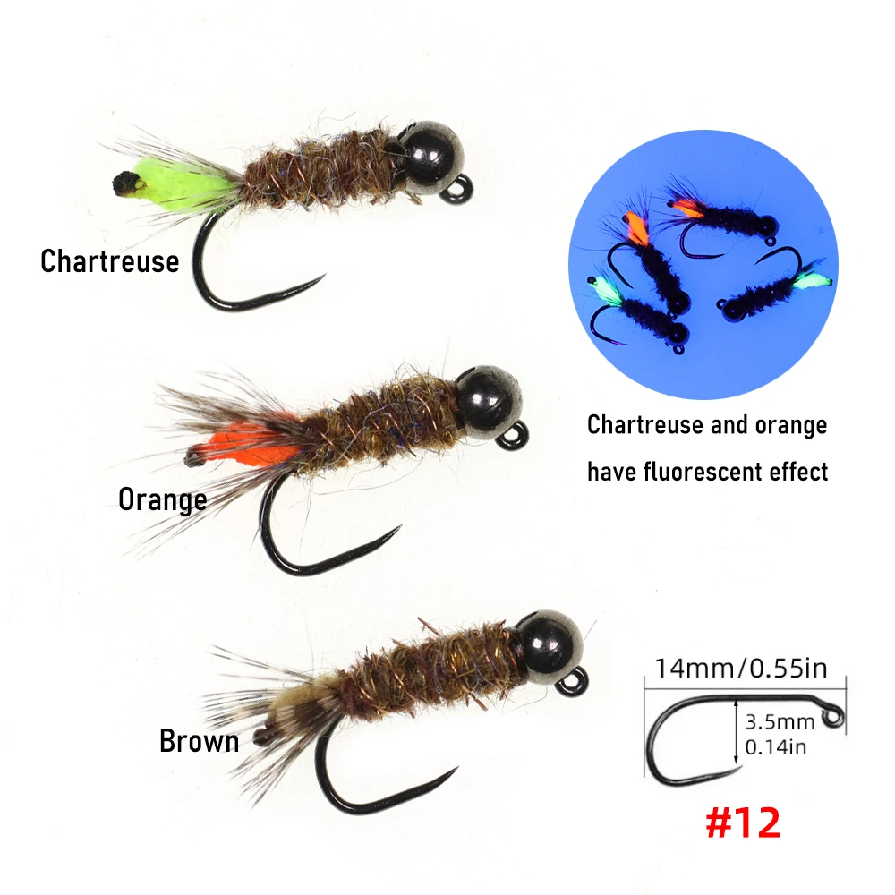 Wifreo 3 piezas 12 #   Hare's Ear Dub Jig moscas de ninfa Peeping Caddis anzuelos de púas y sin púas pesca con mosca trucha lubina señuelo Steelhead - imagen 4
