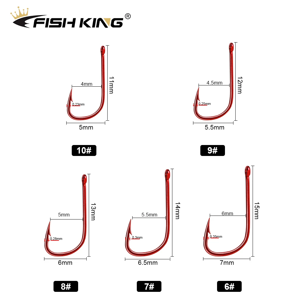FISH KING Anzuelo de pesca 50 piezas/100 piezas 6 # -10 #   Aparejos de gancho de carpa anillados con soporte de cebo doblado rojo con ojos de acero con alto contenido de carbono y púas - imagen 2