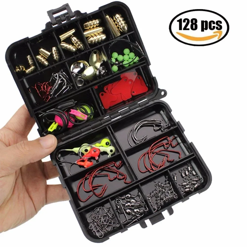 128 unids/caja Kit de accesorios de pesca que incluye anzuelos diferentes giratorios de pesca broches juego de pesca con caja de aparejos