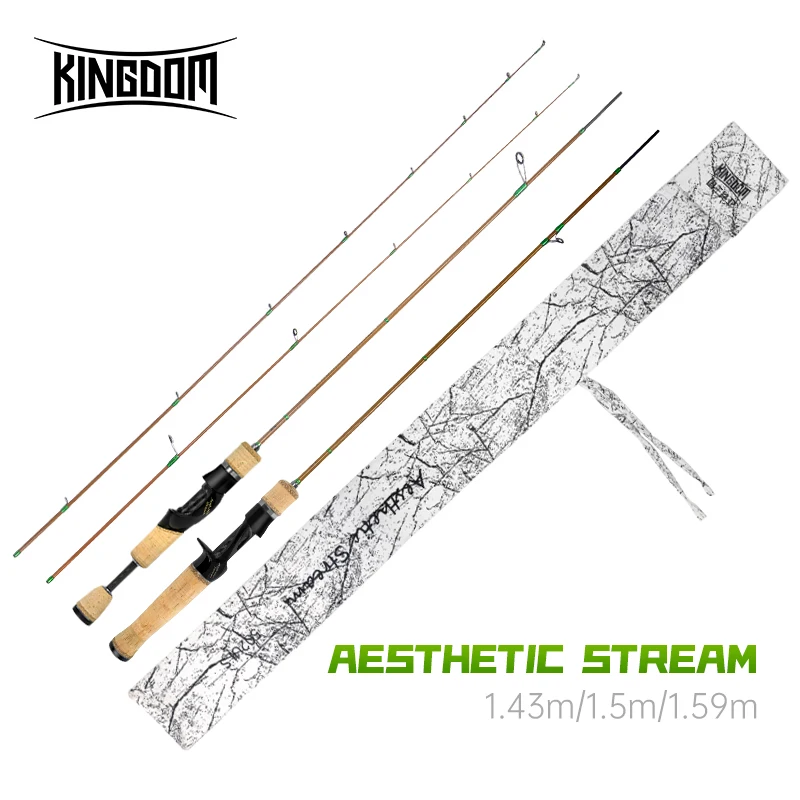 Caña de pescar Kingdom, corriente estética ultraligera, 76g, UL, 1,43 m, 1,5 m, 1,59 m, 2 secciones, cañas de pescar de fibra de carbono de fundición giratoria