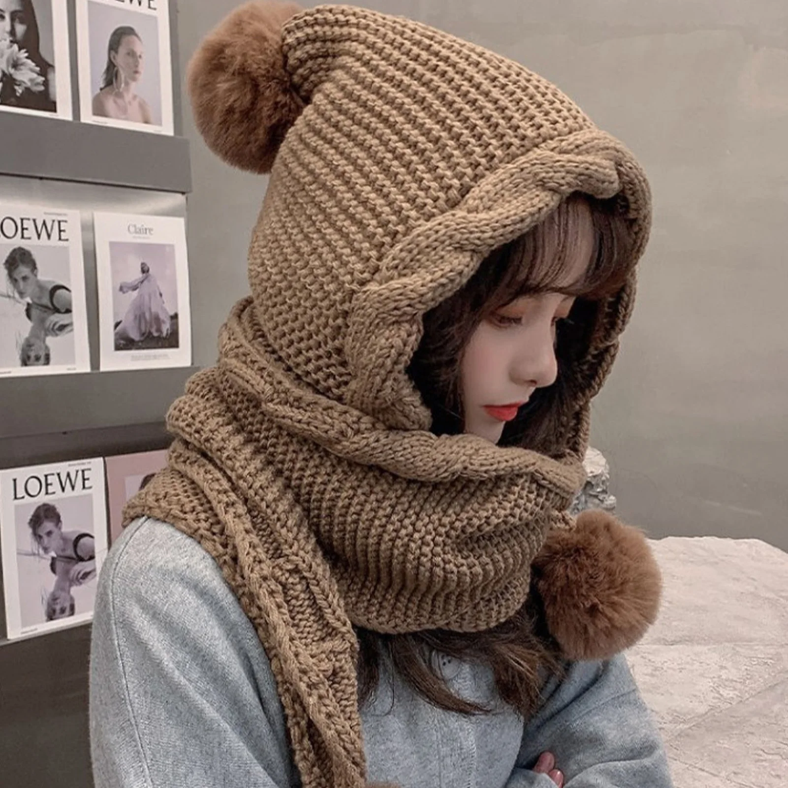 Gorro de ciclismo a la moda, gorro de hilo tejido con bola de lana encantadora, gorro de felpa grueso a prueba de viento para invierno y exteriores para ciclismo, montar y esquiar - imagen 5