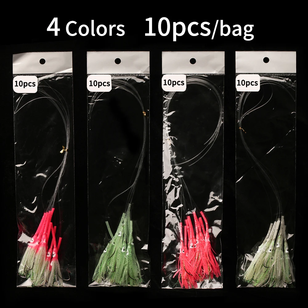 Elllv-anzuelo preatado de 10 piezas y 3/0, faldas de calamar luminosas antimordeduras con línea de monofilamento, señuelo de pesca de agua salada, caballa y arenque - imagen 5