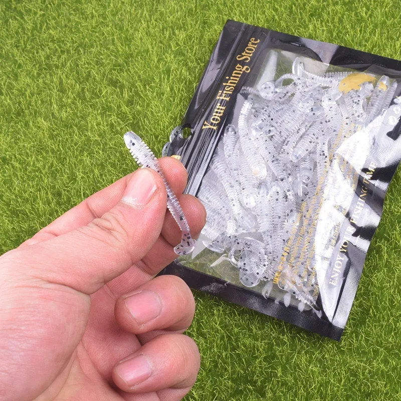50 Uds gusanos señuelo de pesca cola en T cebos blandos 50mm 0,8g plantilla de pesca Wobbler cebo de lubina pesca Artificial señuelo suave tacke