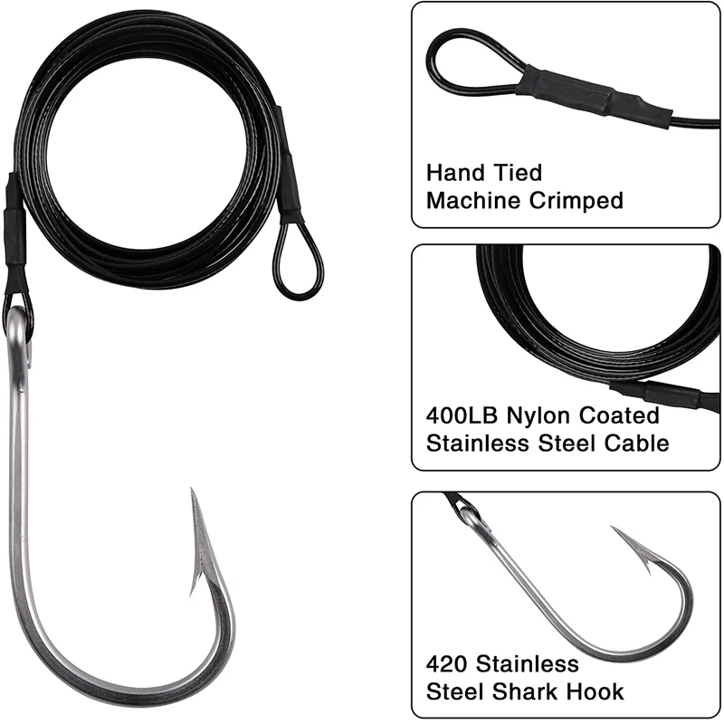 1 Uds. Aparejos de pesca de tiburones, anzuelos de pesca de atún con Cable recubierto de nailon de 9,8 pies (380-400LB), anzuelos de aguas profundas para herramientas de peces grandes - imagen 5