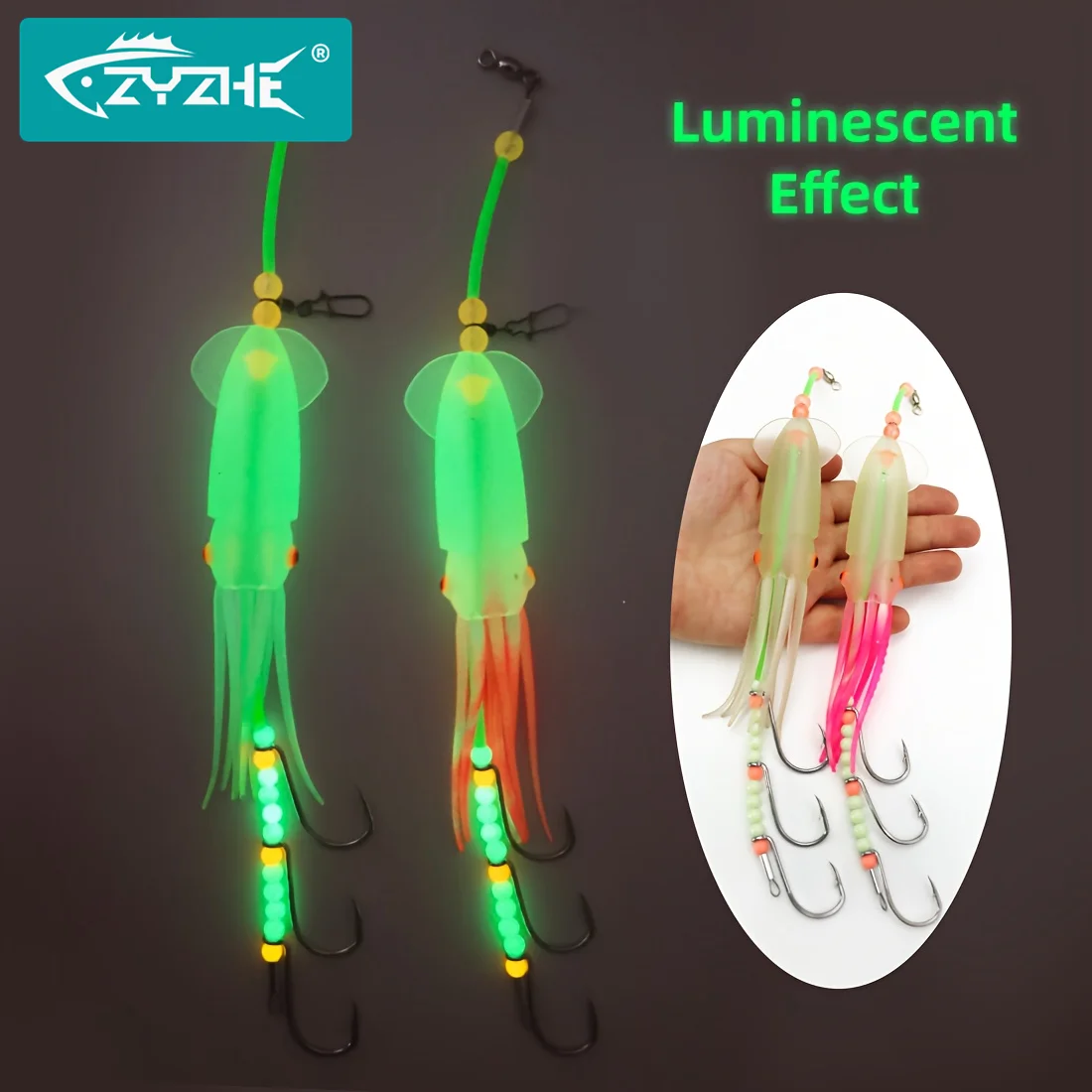 ZYZHE-ganchos de cuerda para pesca en el mar, aparejos de cola de pelo con señuelo de calamar luminoso, tres anzuelos de tiburón, Ideal para aparejos de cebo de pesca en el mar, 1 ud. - imagen 2