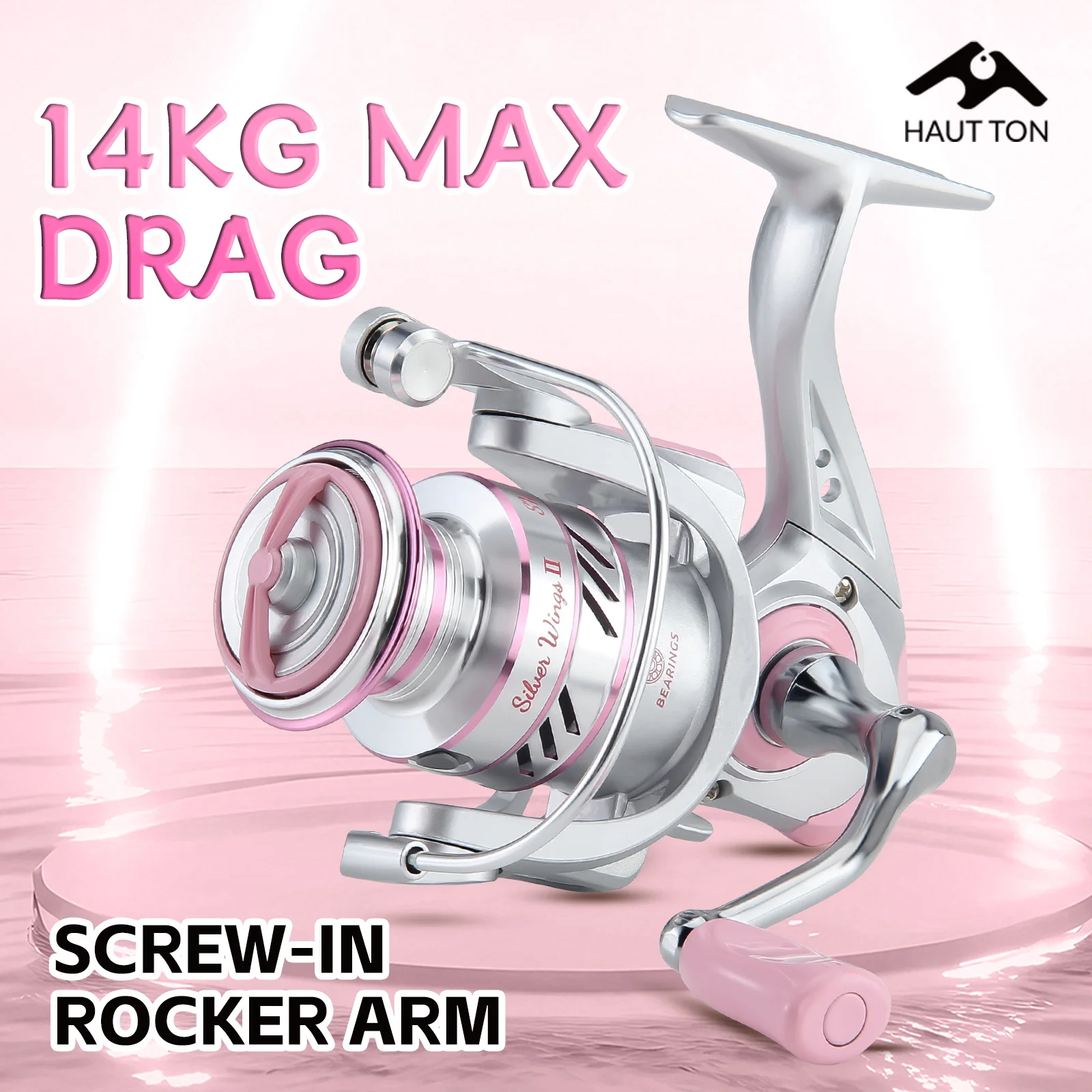Carrete de pesca giratorio, arrastre máximo de 14KG/30,86LB, relación de engranaje 5,2: 1, brazo basculante atornillable plegable de Metal PINK SW - imagen 2