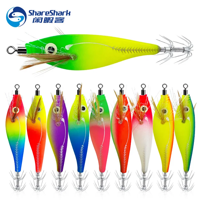 10 colores 8,5 cm luminoso calamar Jig señuelo Pesca en el mar madera camarones señuelo agua salada sepia calamar Jig gancho camarones Wobbler Pesca