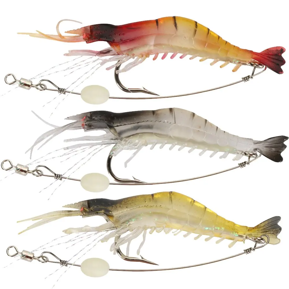 Señuelos de pesca de camarones suaves Goture, juego de cebo luminoso para camarones de agua salada, Señuelos de pesca con anzuelos afilados para agua dulce y salada